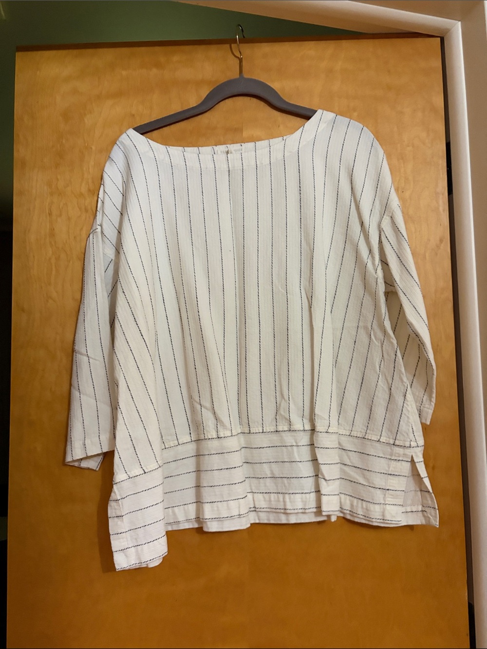 Eileen Fisher White Top with Navy Pinstripes
